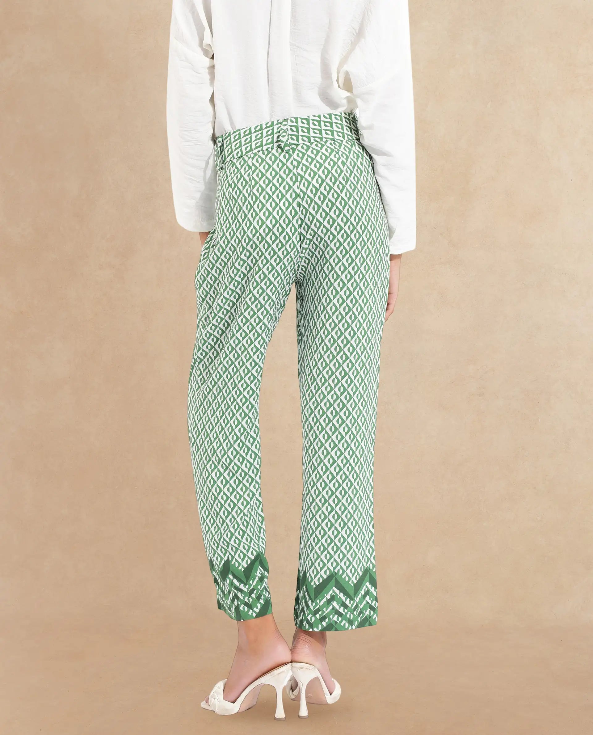 Rareism Women Livornob Dark Green Button Closure Straight Fit Ankle Length Geometric Print Trouser