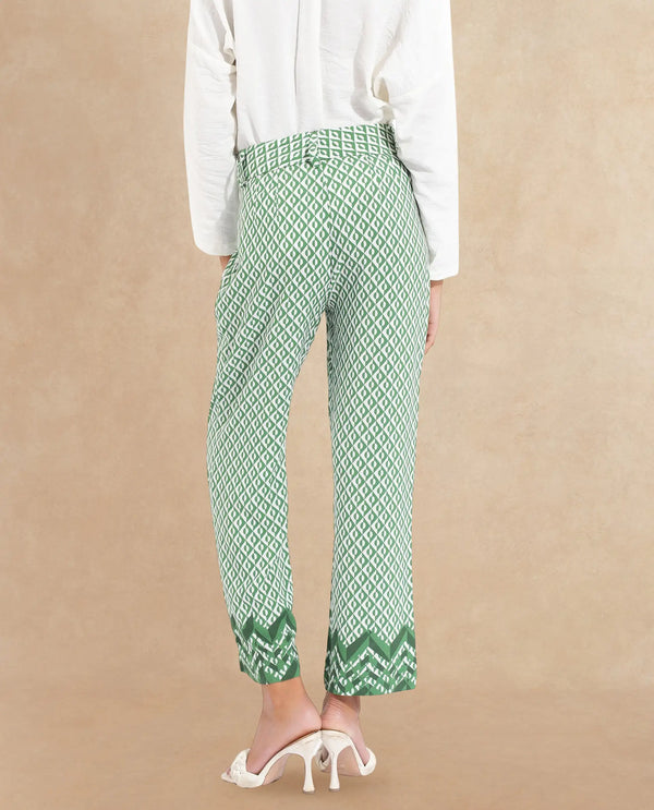 Rareism Women Livornob Dark Green Button Closure Straight Fit Ankle Length Geometric Print Trouser