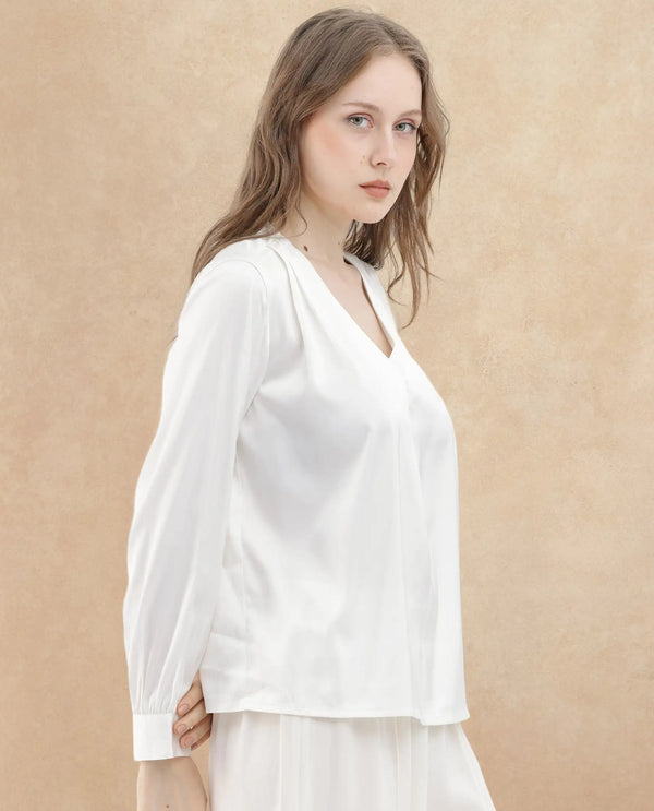 Rareism Women Lohan White Polyester Fabric Full Sleeves V-Neck Cuffed Sleeve Regular Fit Plain Top