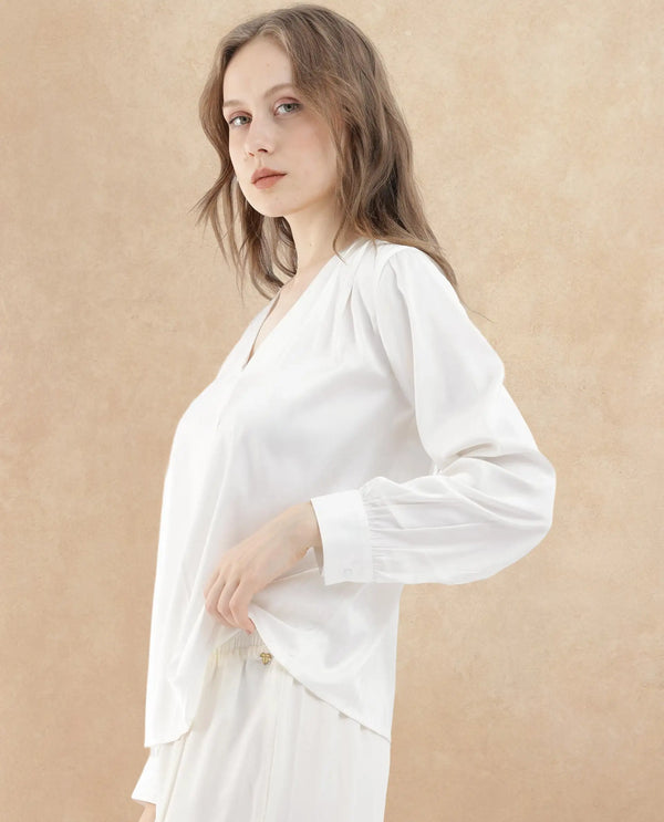 Rareism Women Lohan White Polyester Fabric Full Sleeves V-Neck Cuffed Sleeve Regular Fit Plain Top