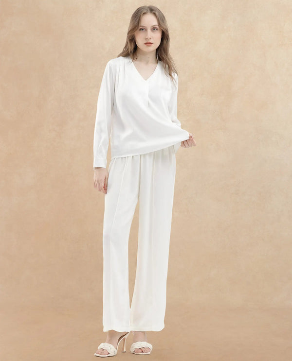 Rareism Women Lohan White Polyester Fabric Full Sleeves V-Neck Cuffed Sleeve Regular Fit Plain Top