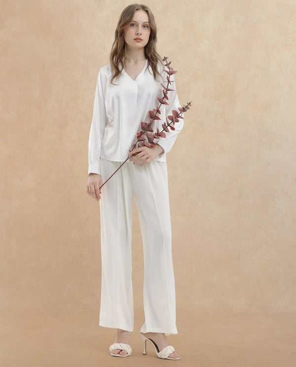 Rareism Women Lohan White Polyester Fabric Full Sleeves V-Neck Cuffed Sleeve Regular Fit Plain Top