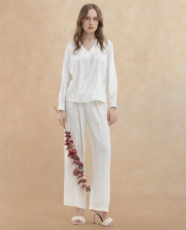 Rareism Women Lohan White Polyester Fabric Full Sleeves V-Neck Cuffed Sleeve Regular Fit Plain Top