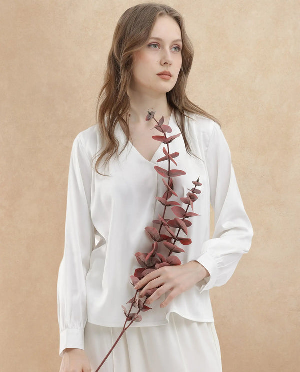 Rareism Women Lohan White Polyester Fabric Full Sleeves V-Neck Cuffed Sleeve Regular Fit Plain Top