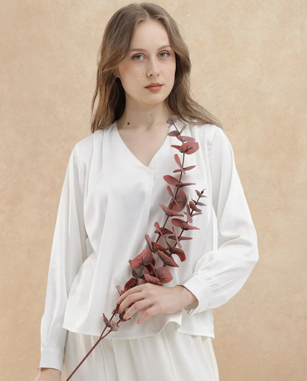 Rareism Women Lohan White Polyester Fabric Full Sleeves V-Neck Cuffed Sleeve Regular Fit Plain Top