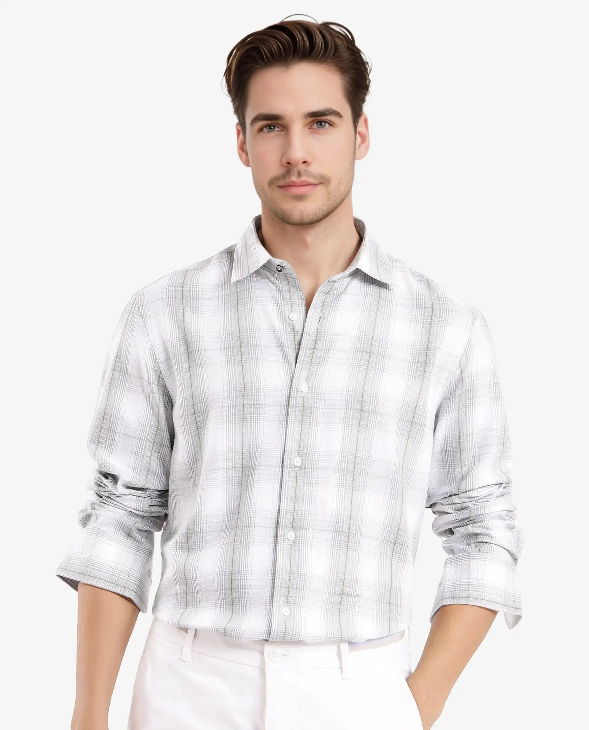 Rare Rabbit Men's Lorde Dusky Green Cotton Fabric Regular Fit Checks Shirt