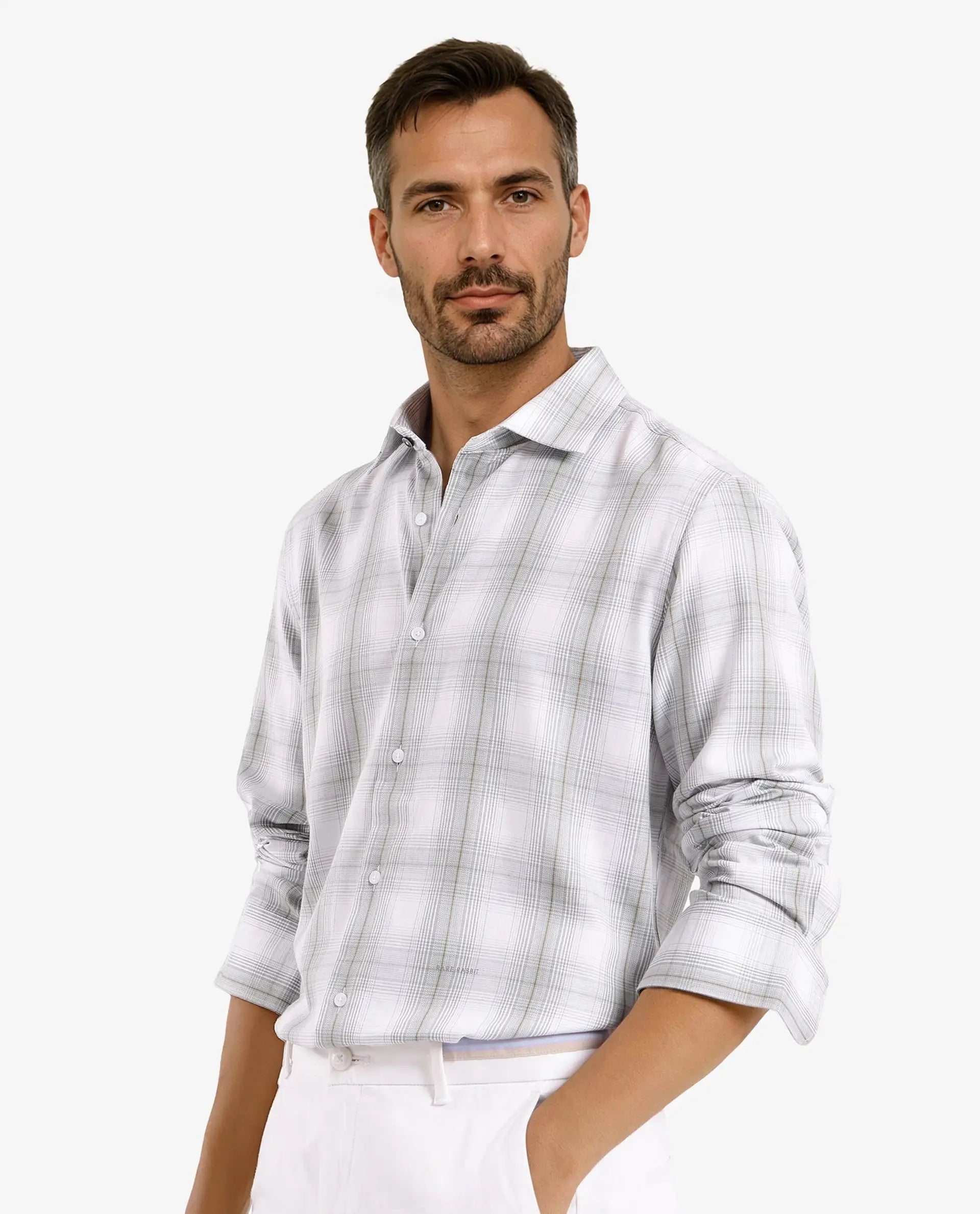 Rare Rabbit Men's Lorde Dusky Green Cotton Fabric Regular Fit Checks Shirt