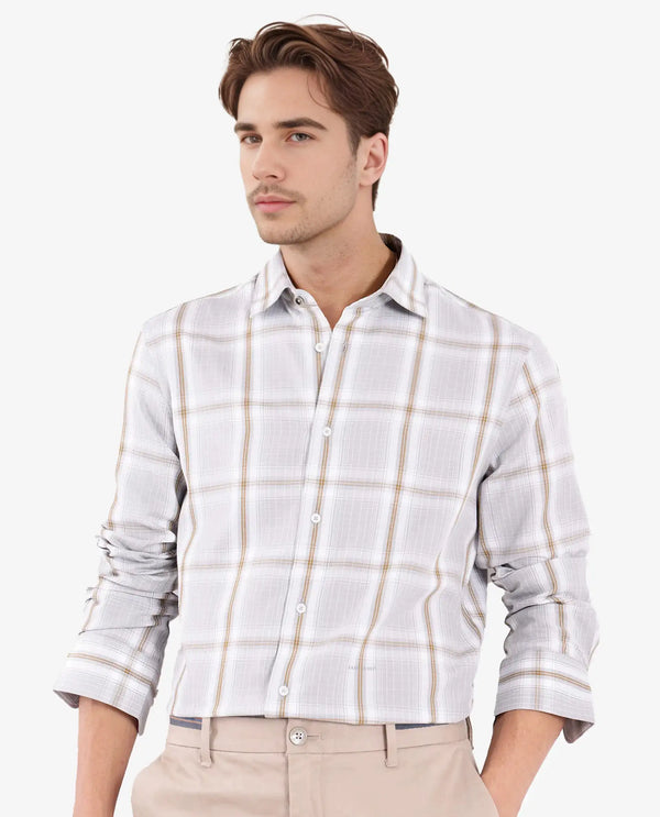 Rare Rabbit Men's Lorde Light Grey Cotton Fabric Regular Fit Checks Shirt