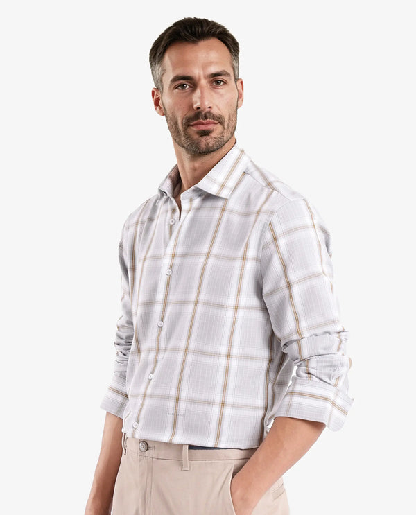 Rare Rabbit Men's Lorde Light Grey Cotton Fabric Regular Fit Checks Shirt