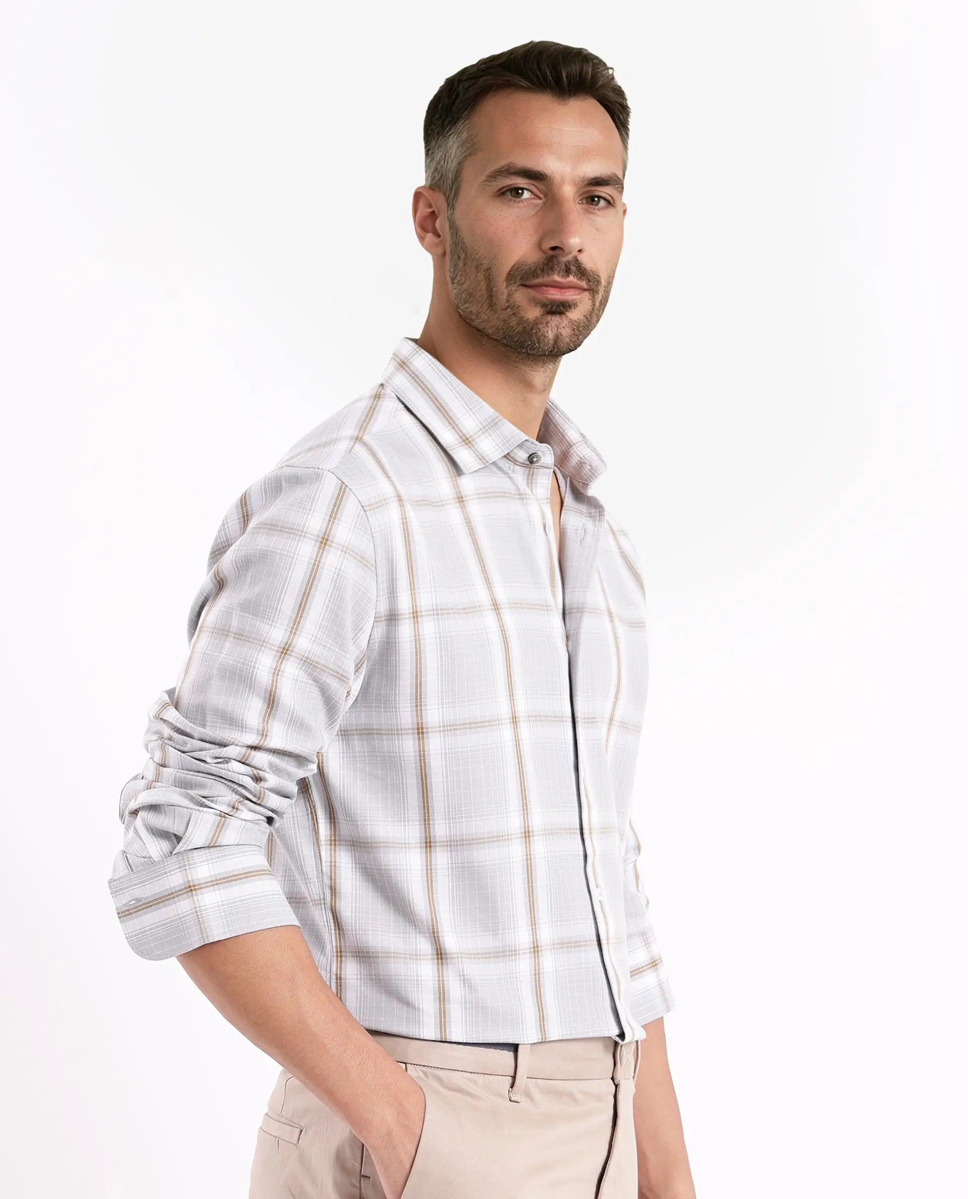 Rare Rabbit Men's Lorde Light Grey Cotton Fabric Regular Fit Checks Shirt