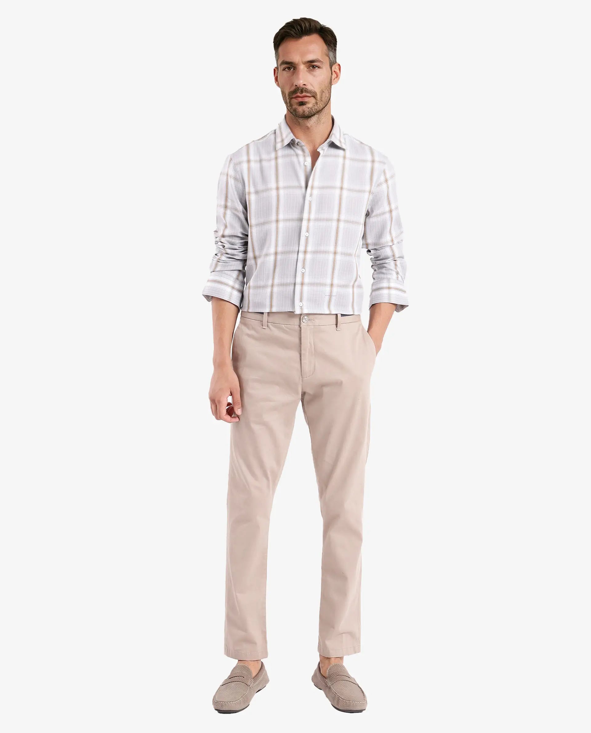 Rare Rabbit Men's Lorde Light Grey Cotton Fabric Regular Fit Checks Shirt