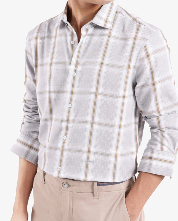 Rare Rabbit Men's Lorde Light Grey Cotton Fabric Regular Fit Checks Shirt