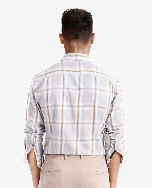 Rare Rabbit Men's Lorde Light Grey Cotton Fabric Regular Fit Checks Shirt