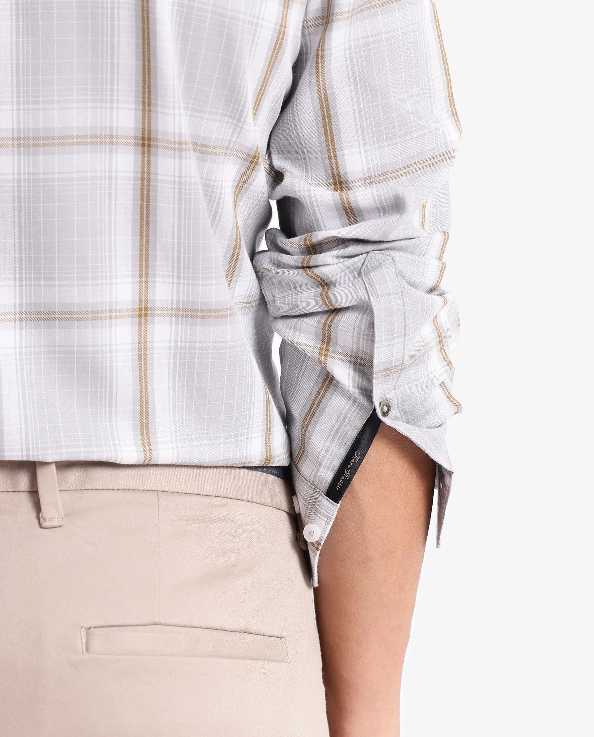 Rare Rabbit Men's Lorde Light Grey Cotton Fabric Regular Fit Checks Shirt