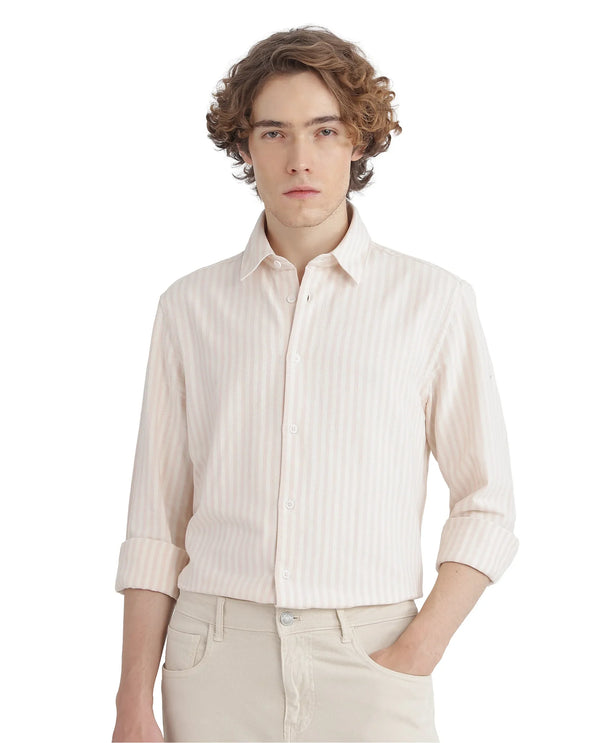 Rare Rabbit Men's Lorp Light Pink Cotton Fabric Full Sleeve Regular Fit Striped Shirt