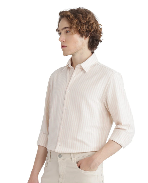 Rare Rabbit Men's Lorp Light Pink Cotton Fabric Full Sleeve Regular Fit Striped Shirt