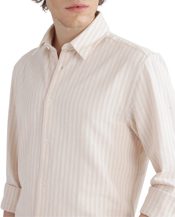 Rare Rabbit Men's Lorp Light Pink Cotton Fabric Full Sleeve Regular Fit Striped Shirt