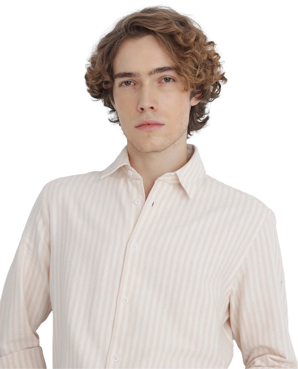 Rare Rabbit Men's Lorp Light Pink Cotton Fabric Full Sleeve Regular Fit Striped Shirt