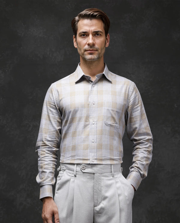 Rare Rabbit Men Lou Grey Cotton Fabric Full Sleeve Button Closure Regular Fit Checks Shirt