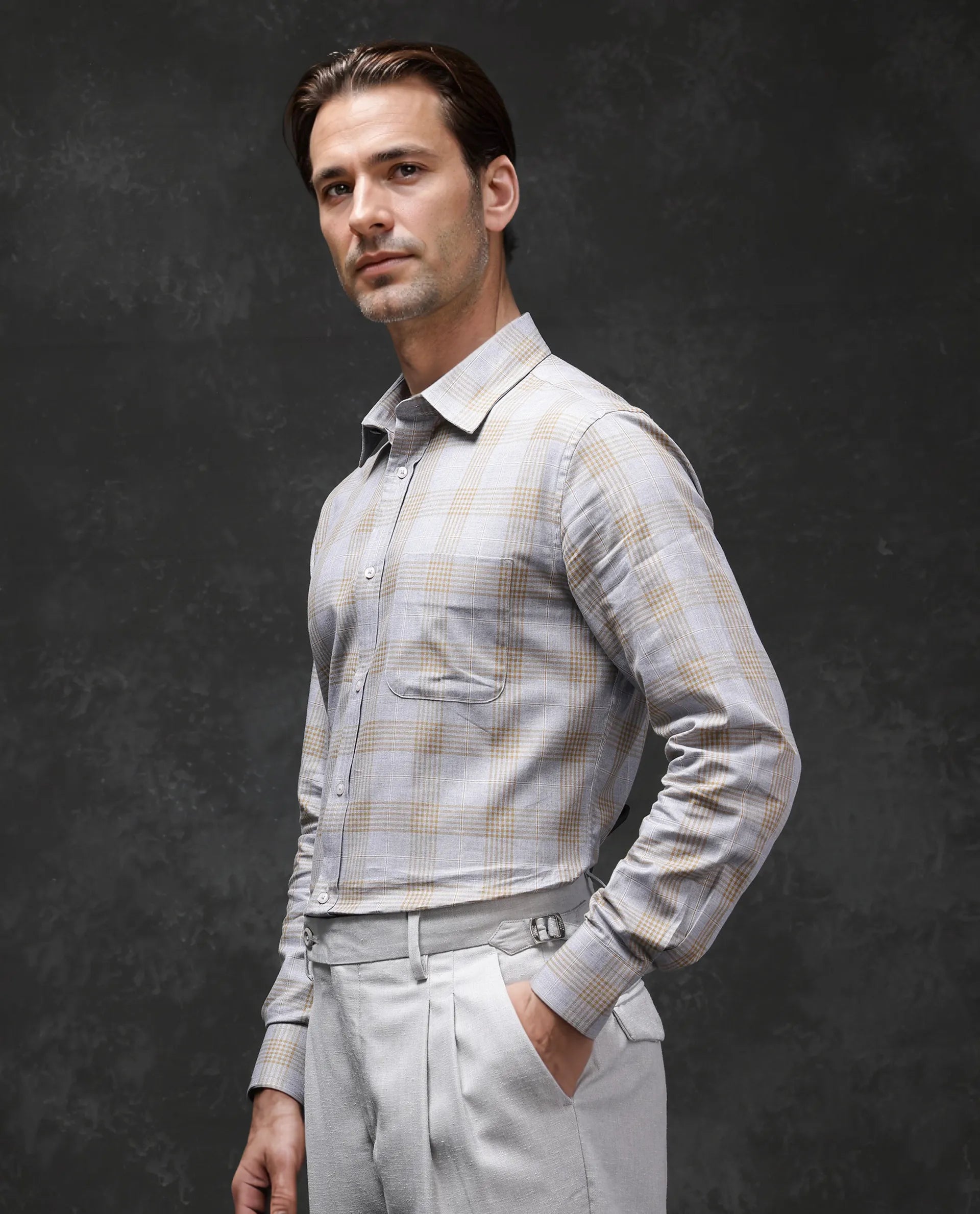 Rare Rabbit Men Lou Grey Cotton Fabric Full Sleeve Button Closure Regular Fit Checks Shirt