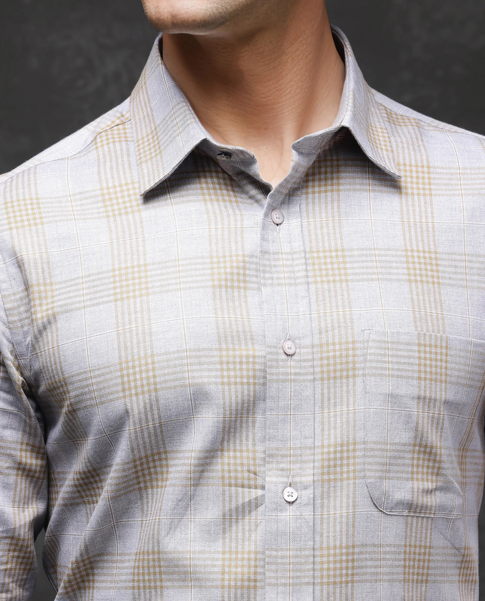 Rare Rabbit Men Lou Grey Cotton Fabric Full Sleeve Button Closure Regular Fit Checks Shirt