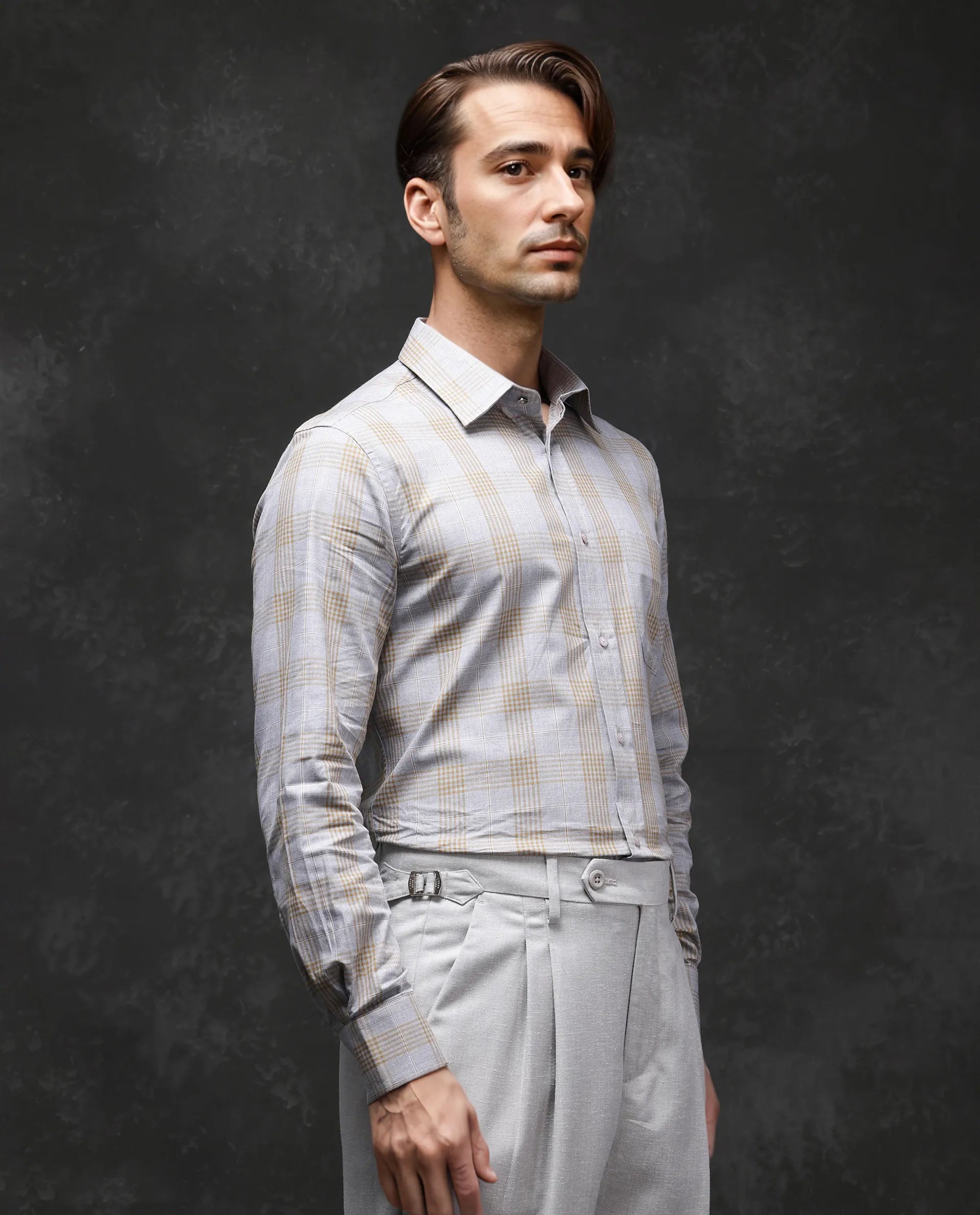 Rare Rabbit Men Lou Grey Cotton Fabric Full Sleeve Button Closure Regular Fit Checks Shirt