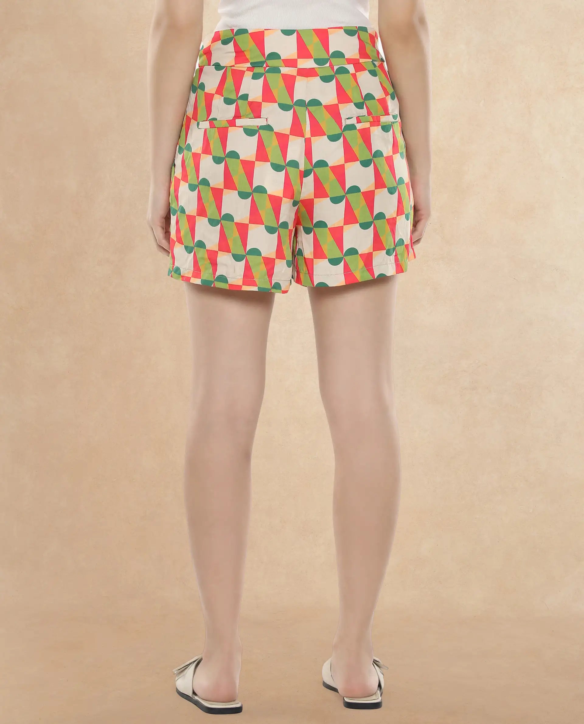 Rareism Women Lucca Multi Cotton Fabric Geometric Print Mini Shorts