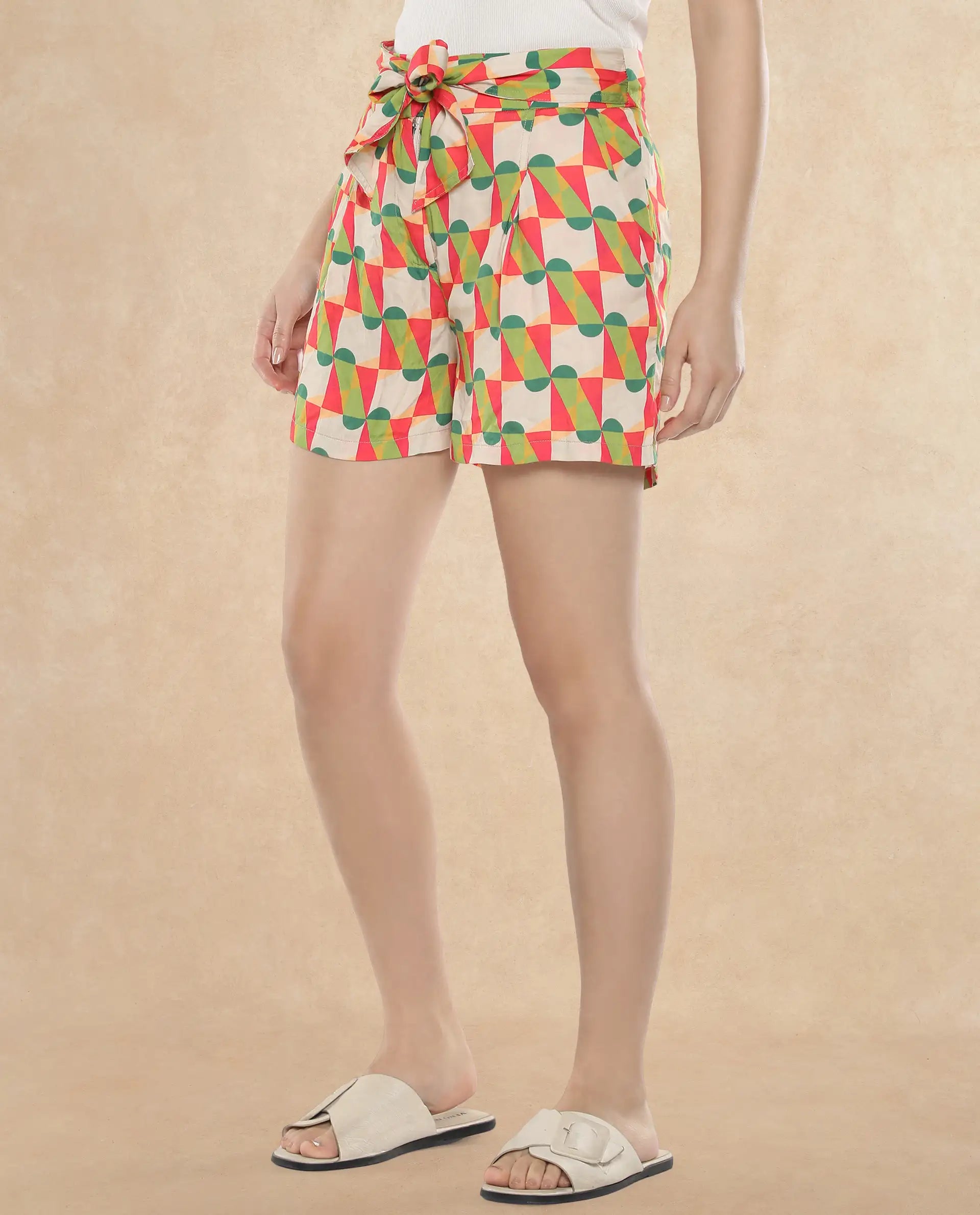 Rareism Women Lucca Multi Cotton Fabric Geometric Print Mini Shorts