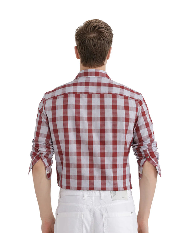 Rare Rabbit Men's Luxs Red Cotton Fabric Full Sleeve Collared Neck Button Closure Checks Shirt