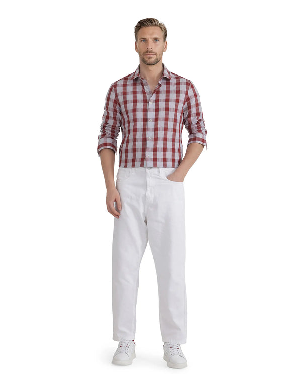 Rare Rabbit Men's Luxs Red Cotton Fabric Full Sleeve Collared Neck Button Closure Checks Shirt