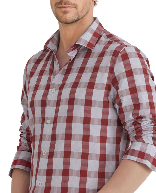 Rare Rabbit Men's Luxs Red Cotton Fabric Full Sleeve Collared Neck Button Closure Checks Shirt