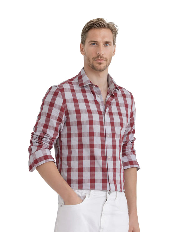 Rare Rabbit Men's Luxs Red Cotton Fabric Full Sleeve Collared Neck Button Closure Checks Shirt