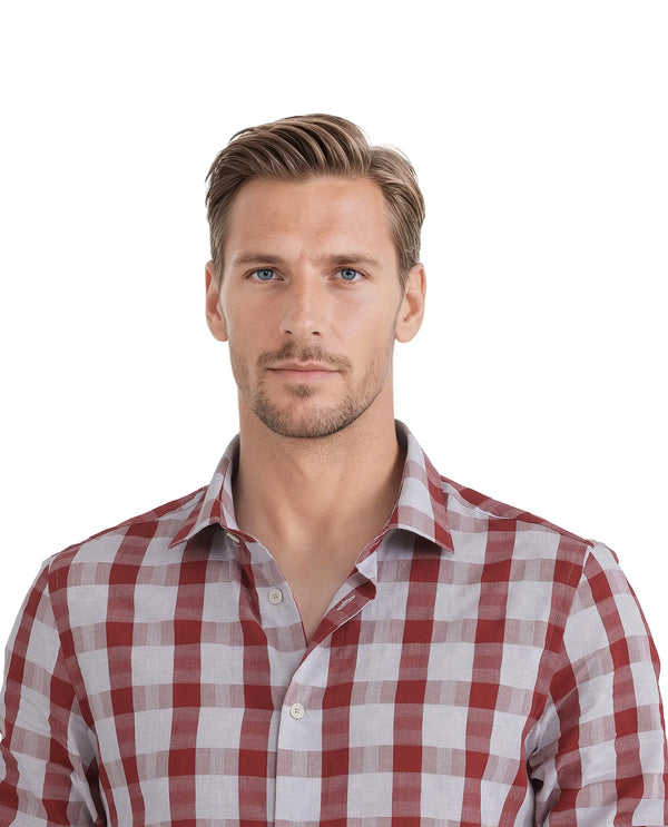 Rare Rabbit Men's Luxs Red Cotton Fabric Full Sleeve Collared Neck Button Closure Checks Shirt