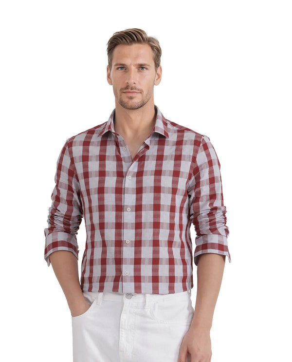 Rare Rabbit Men's Luxs Red Cotton Fabric Full Sleeve Collared Neck Button Closure Checks Shirt