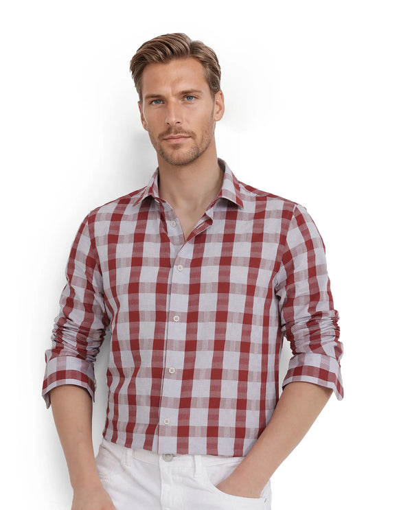 Rare Rabbit Men's Luxs Red Cotton Fabric Full Sleeve Collared Neck Button Closure Checks Shirt