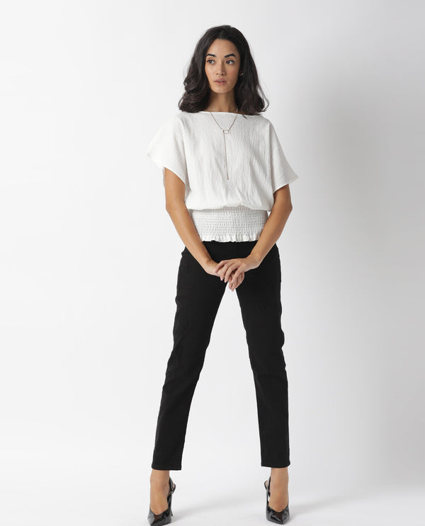 Rareism Womens Battle White Top Viscose Fabric Regular Fit Puff Sleeves Round Neck