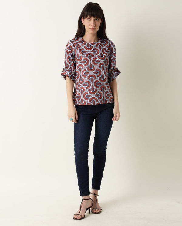 Rareism Women Jimmi Brown Cotton Fabric Regular Fit Round Neck Half Sleeves Print Top