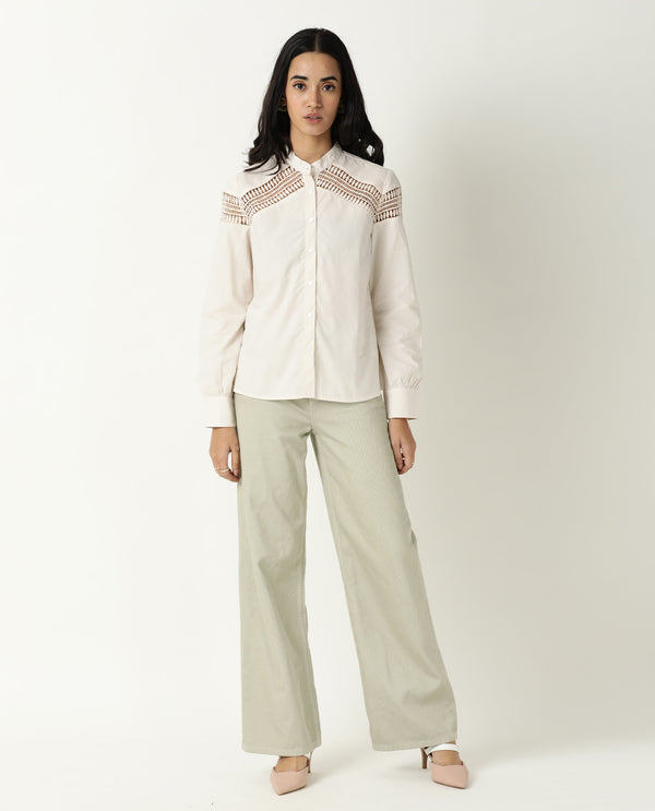 Rareism Women Zoom Pastel Beige Cotton Fabric Regular Fit Mandarin Collar Full Sleeves Solid Top