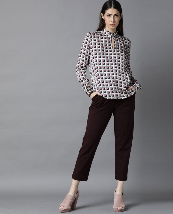 Rareism Women Appar Off White  Tailored Fit Mandarin Collar Full Sleeves Geometric Print Top