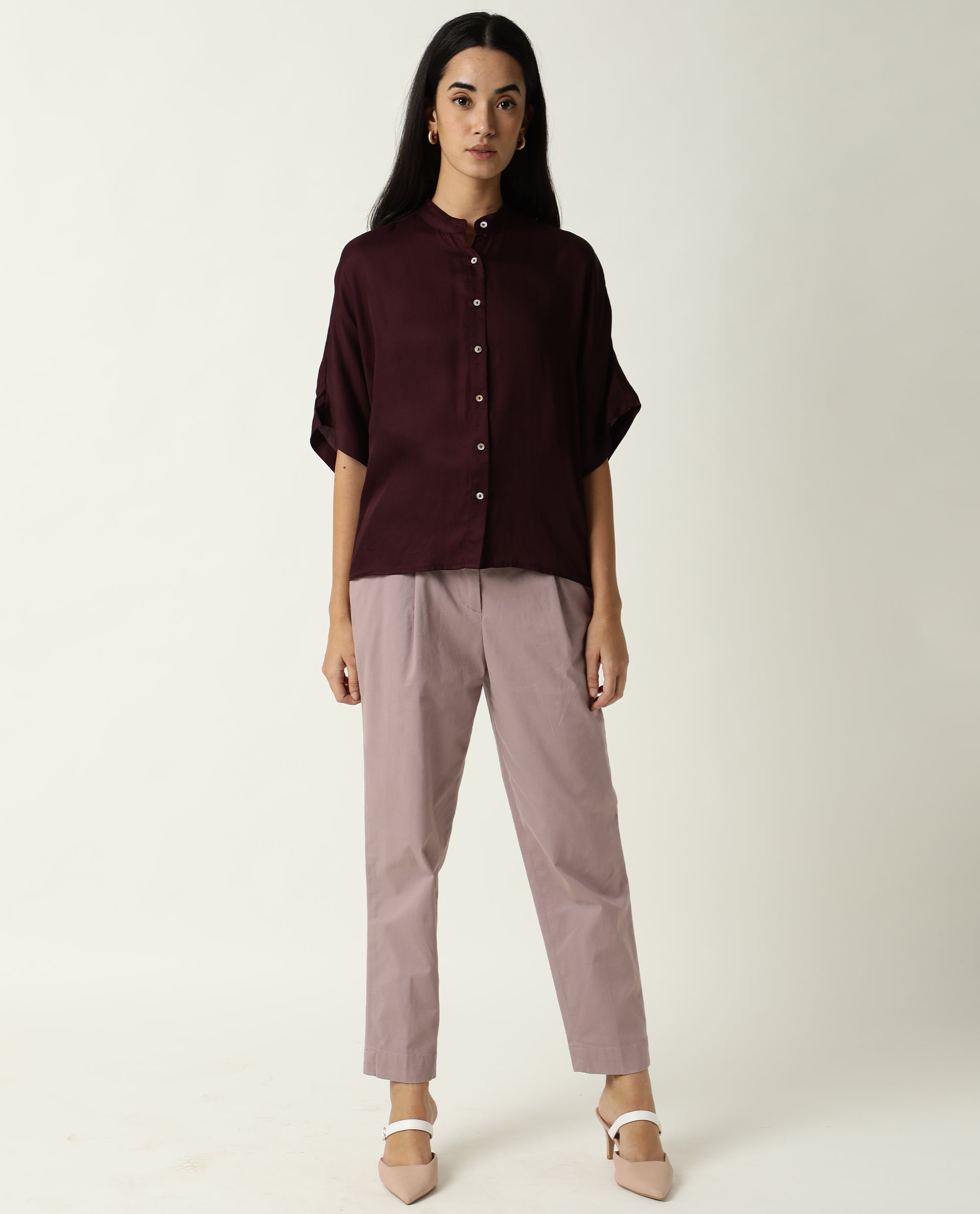 Rareism Women Paige Dark Maroon Modal Satin Fabric Slim Fit Collarless 3/4Th Sleeves Solid Top