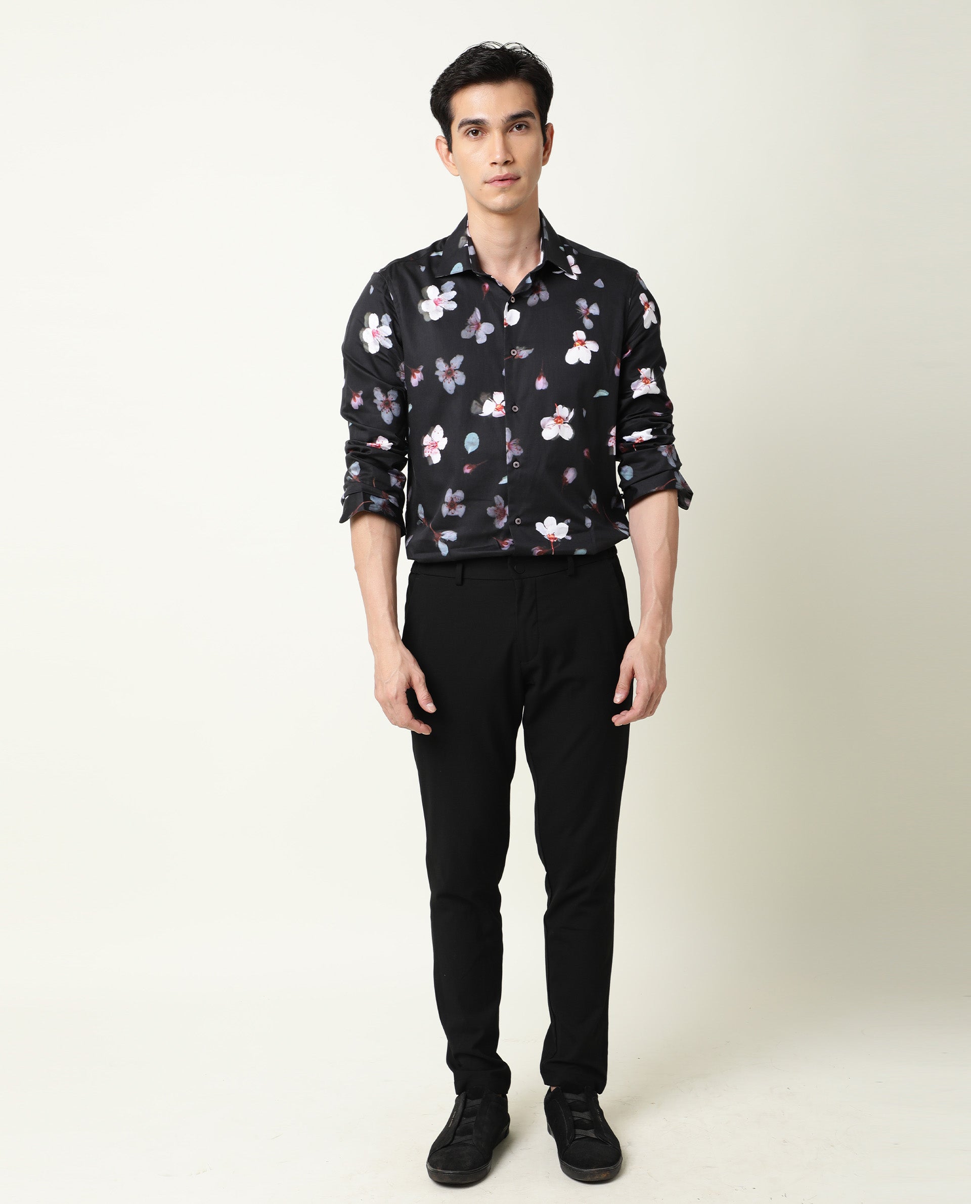 Rare Rabbit Men's Cuplets Black Cotton Fabric Full Sleeves Floral Printed Shirt
