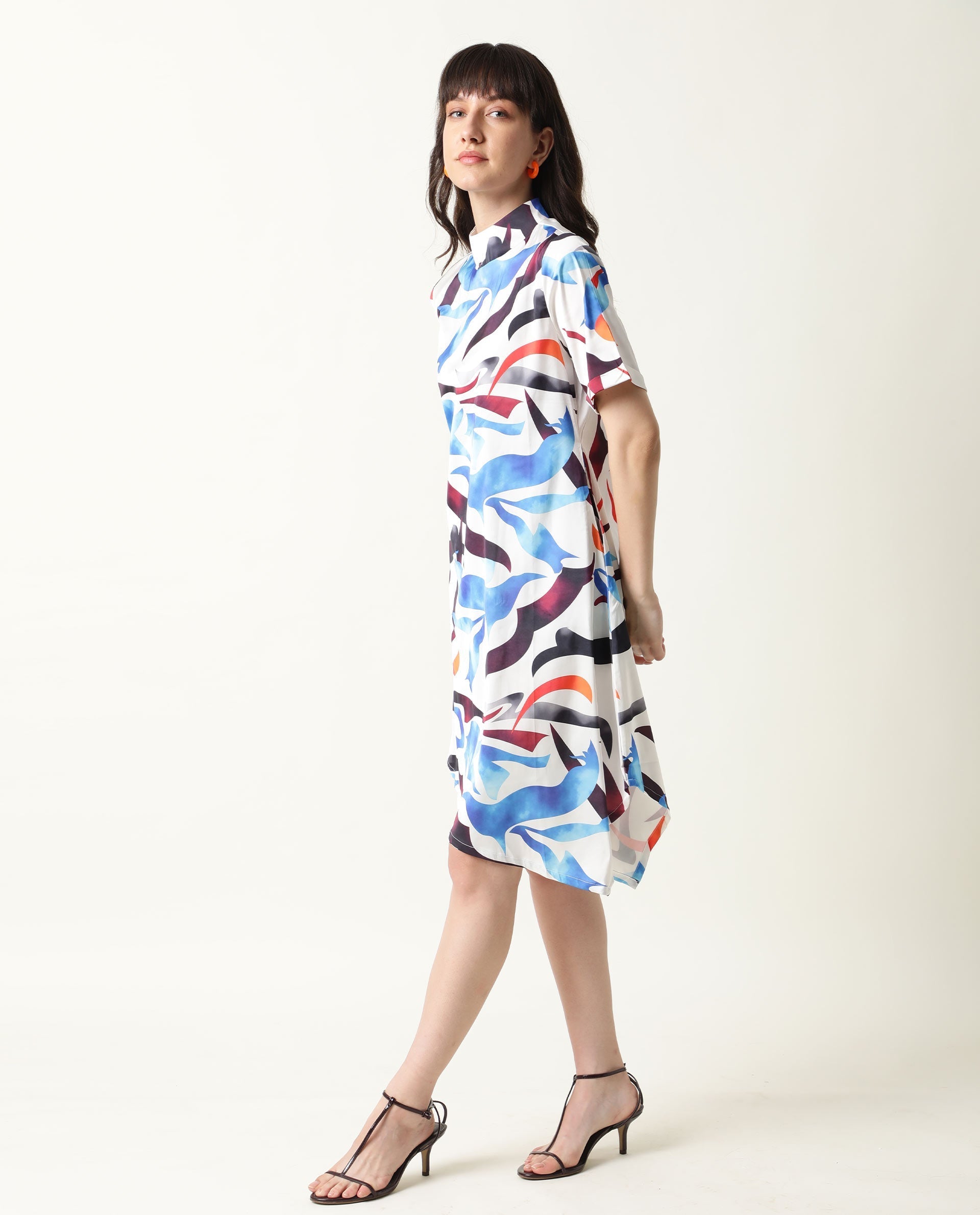 Rareism Women Saler White Abstract Band Collar Short Sleeves With Pockets Asymmetric Knee Length Dress