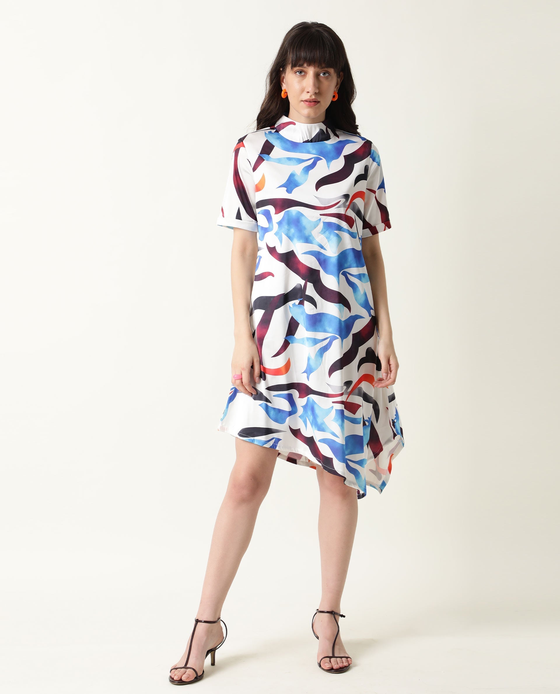 Rareism Women Saler White Abstract Band Collar Short Sleeves With Pockets Asymmetric Knee Length Dress