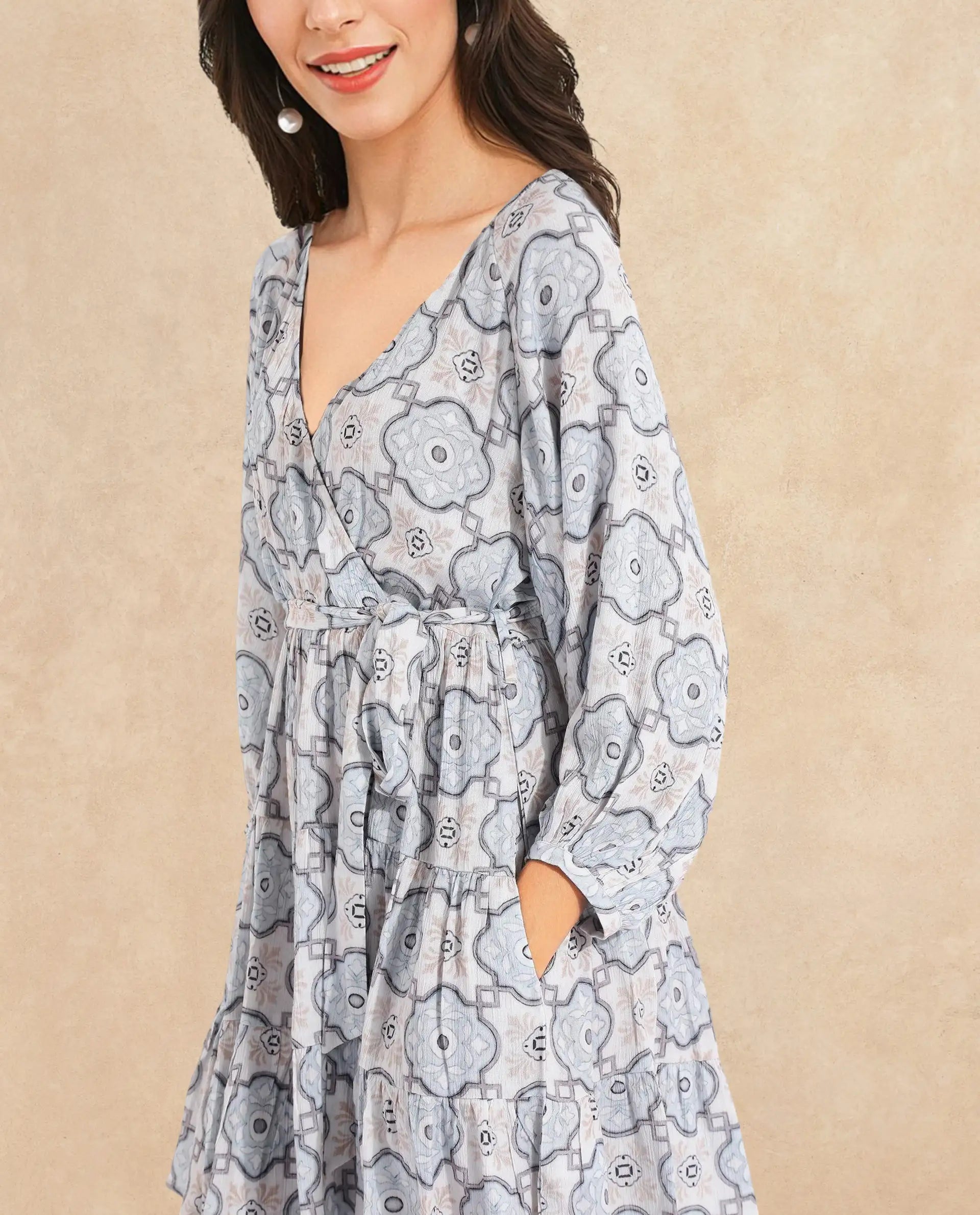 Rareism Women Mage Light Blue Raglan Sleeves Over Lap Neck Fit And Flare Mini Abstract Print Dress
