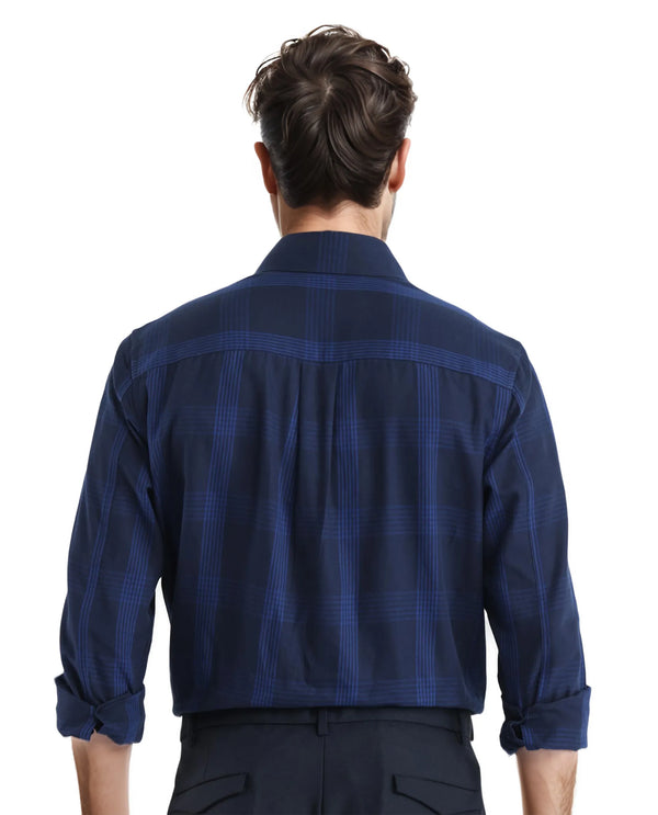 Rare Rabbit Men's Magone Navy Cotton Fabric Full Sleeve Collared Neck Checks Shirt