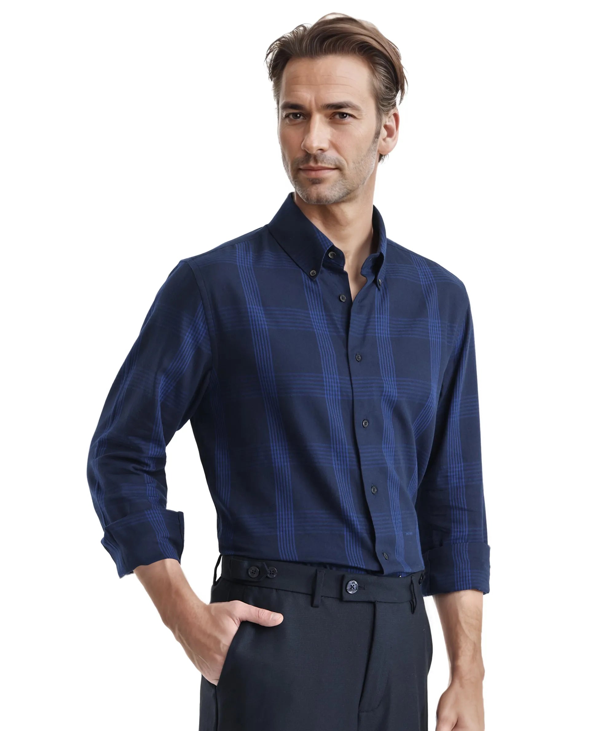 Rare Rabbit Men's Magone Navy Cotton Fabric Full Sleeve Collared Neck Checks Shirt