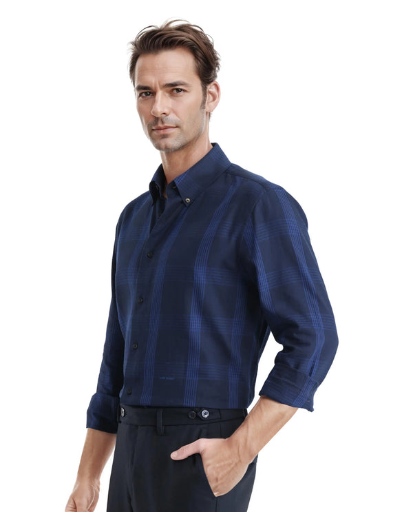 Rare Rabbit Men's Magone Navy Cotton Fabric Full Sleeve Collared Neck Checks Shirt