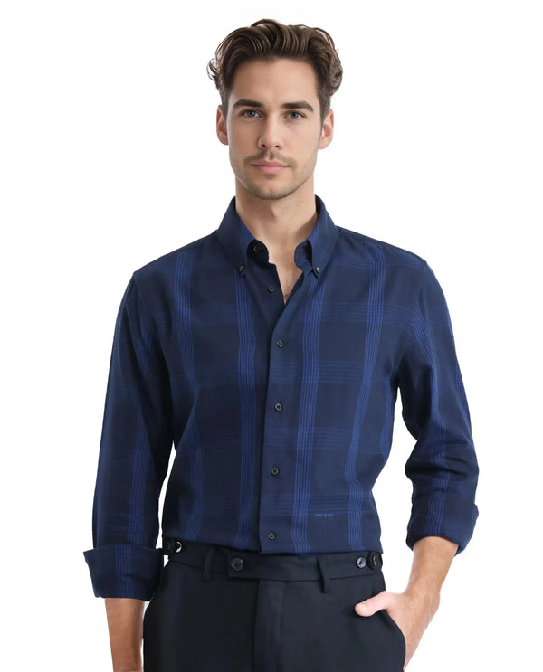 Rare Rabbit Men's Magone Navy Cotton Fabric Full Sleeve Collared Neck Checks Shirt