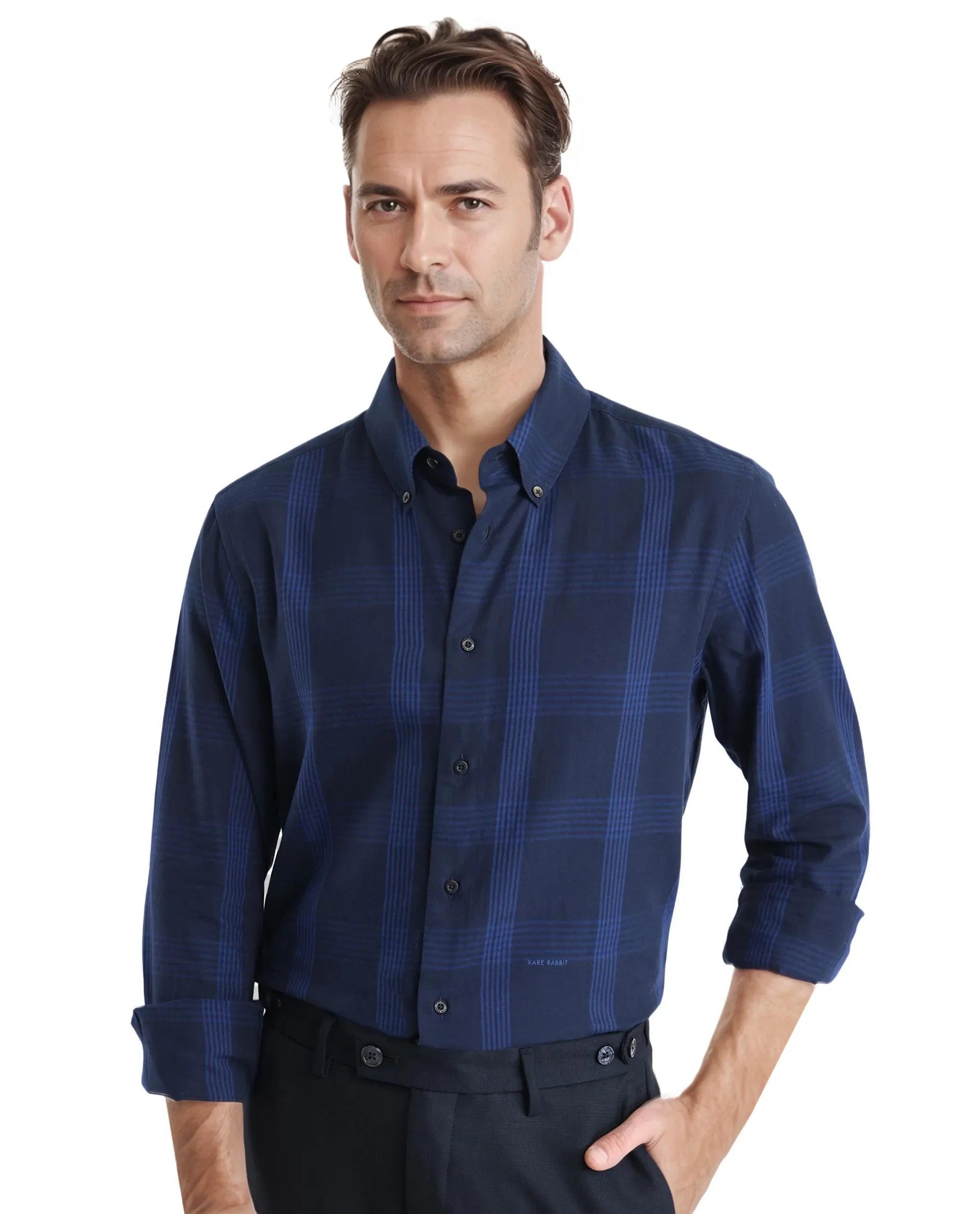 Rare Rabbit Men's Magone Navy Cotton Fabric Full Sleeve Collared Neck Checks Shirt