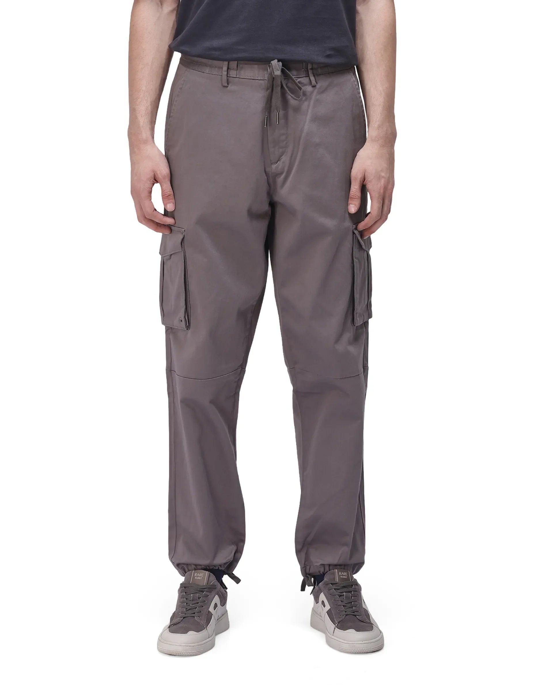 Rare Rabbit Men's Maks Dark Grey Drawstring Closure Mid-Rise Relaxed Fit Solid Trouser